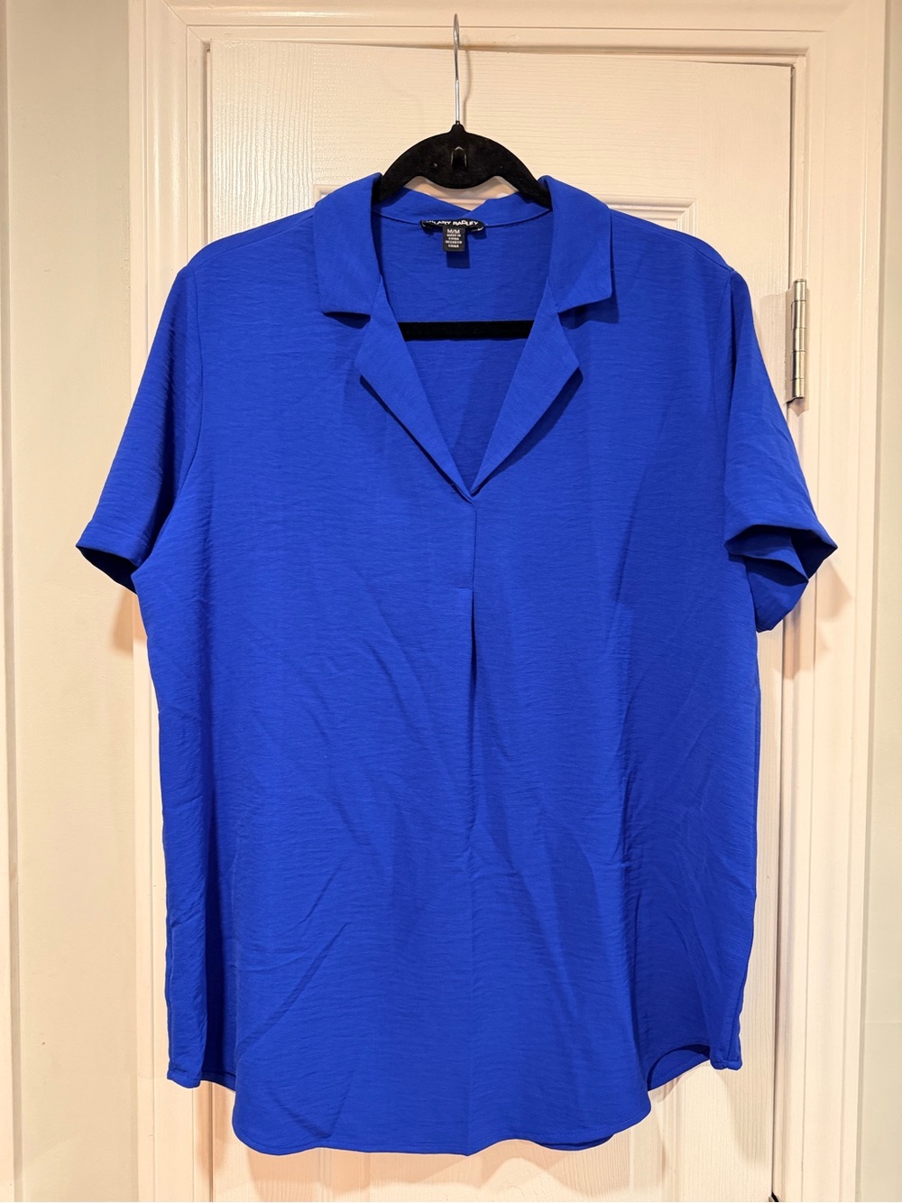 NWOT Hilary Radley Size M Blue Short Sleeve Collared V Neck Tunic Blouse Top